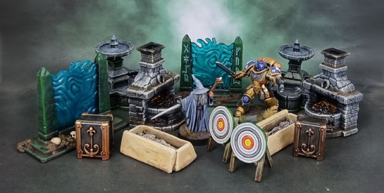Archon Studios Dungeons and Lasers Woodhaven Kickstarter - Stretch Goals Part 1 of 3. Safe, Mystic Portal, Blacksmith's Forge, Archery Target, Mummy's Sarcophagus, Fountains